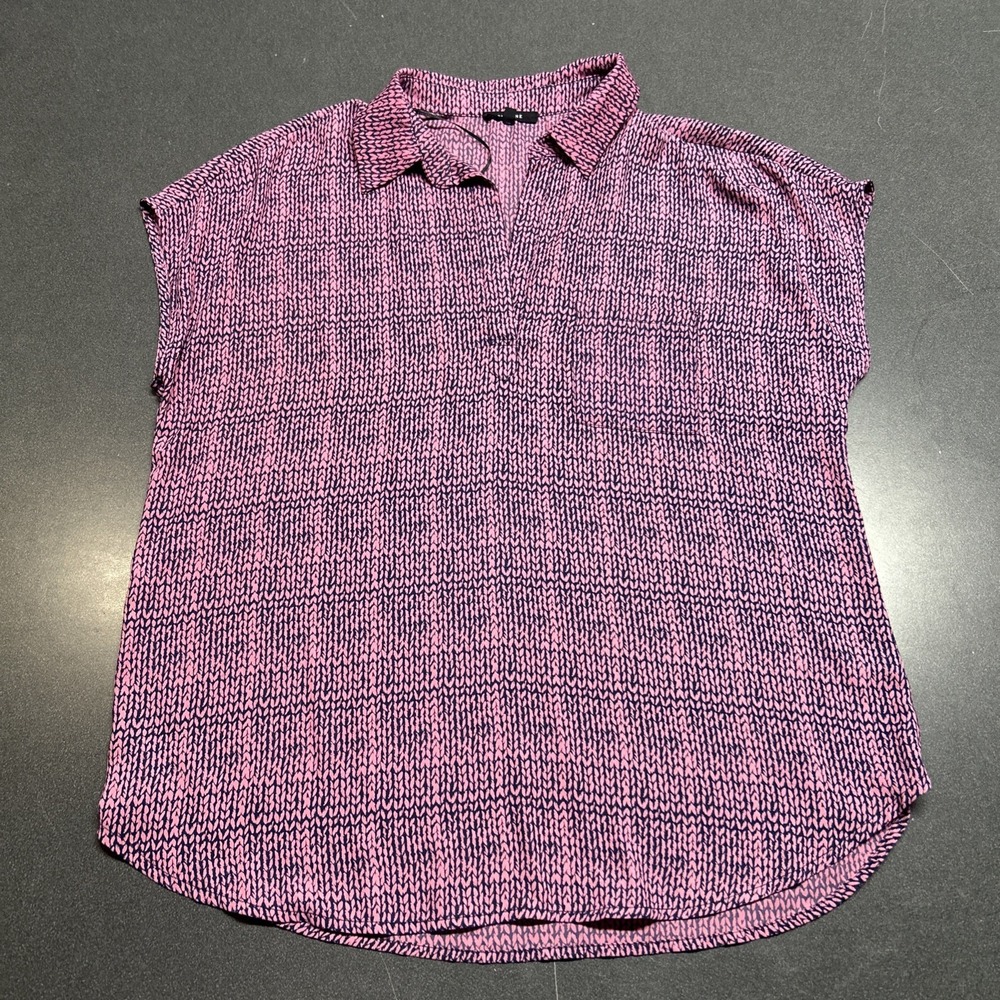 Pleione Blouse Womens L Pink Navy Abstract Print Roll Tab Sleeve Career Top